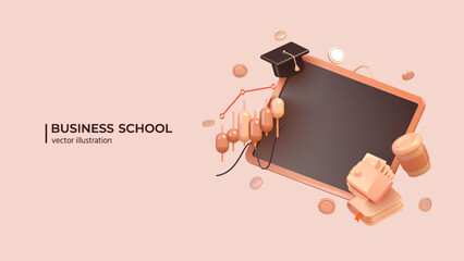 Financial education concept. 3d design of Business or Financial Essences and chalkboard. 3D Vector illustration in cartoon minimal style.