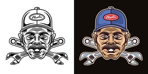 Plumber man head in cap hat and two crossed adjustable wrenches vector illustration in two styles black on white and colorful on dark background