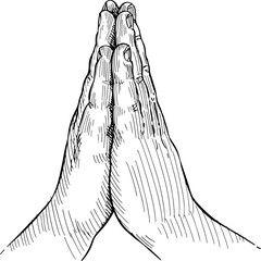 Close up of hands folded in prayer, lateral view. Hand language. Black and white vector illustration on white background