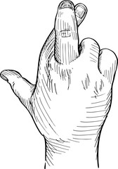 Close-up of crossed fingers of the hand as a symbol of superstition. Hand language. Black and white vector illustration on white background