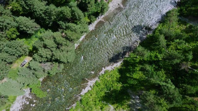 Aerial view of a crystal clear mountain river Chemal, Altai Republic , top view. High quality 4k footage