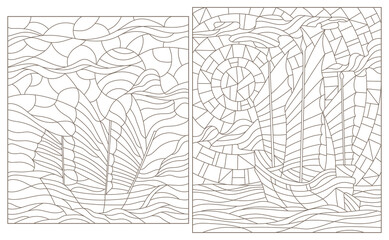Obraz premium Set of contour illustrations with sailing ships, dark contours on a white background