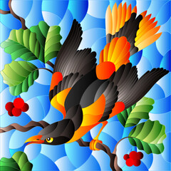 Illustration in the style of stained glass with a beautiful bright  bird  on a  background of branch of tree and sky