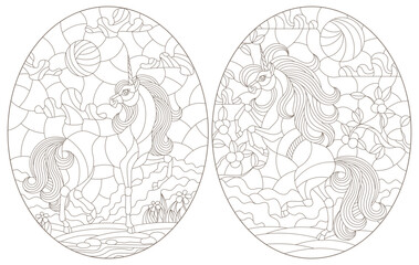 Set of contour illustrations in stained-glass style unicorns on the background of landscapes, dark contours on a white background