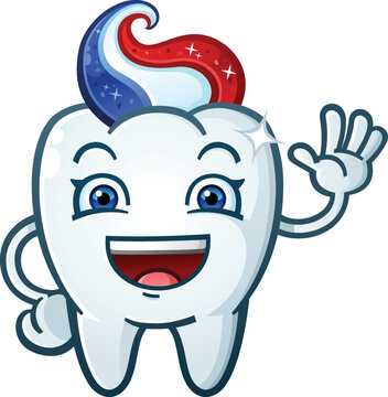Happy Sparkling Smiling Tooth Cartoon Character waving happily with gel toothpaste for hair 