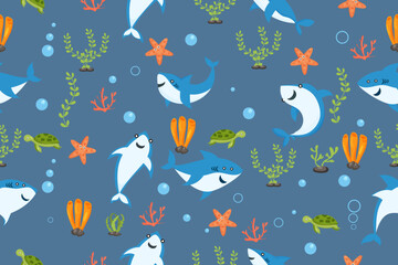 sharks pattern. cartoon shark, seaweed print. Sea wildlife, underwater world vector seamless texture