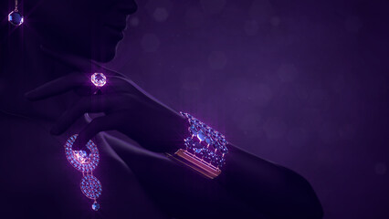 bijouterie set - gold necklace ring wristband and eardrop with rose gemstones, not real design - object 3D rendering