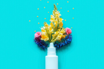 pollen and flower on antihistamine against seasonal allergies. nasal spray allergy concept