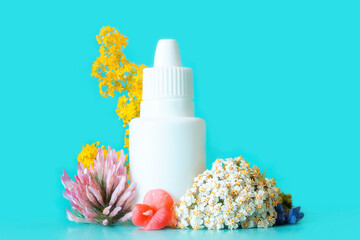 nasal spray against allergies close-up on the background of flowers and flowering plants with pollen, stop allergy concept