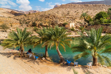 View of the Wadi Bani Khalid oasis in the desert in Sultanate of Oman.
