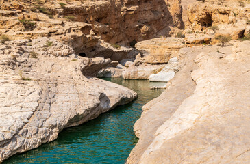 View of the Wadi Bani Khalid oasis in the desert in Sultanate of Oman.