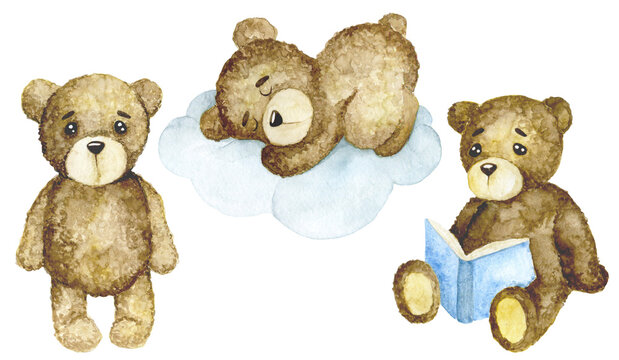 watercolor drawing, set of cute characters toy teddy bear on the theme of sleep, baby sleeps. funny bears with pillow, moon and stars, reading a book