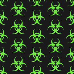 Biohazard seamless pattern. Green signs on black background. Best for polygraphy, mobile apps and web design.