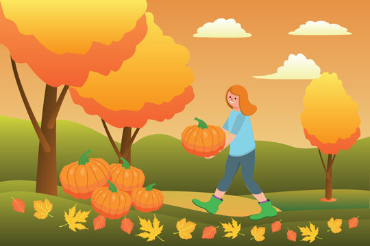 The gardener's character with a pumpkin on the autumn background of the garden. A girl for the design of an autumn composition of posters, postcards, stickers, decor, school decor, in orange tones.