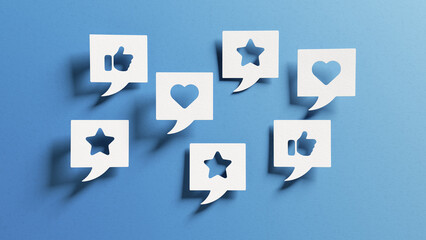 Social media interaction concept with icons of like, love and star in speech bubbles. Online network advertising, impressions and digital  marketing. Design with white utout paper on blue background. - obrazy, fototapety, plakaty