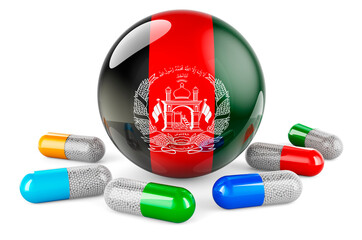Pills capsule with Afghan flag. 3D rendering