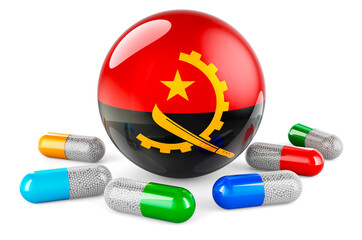 Pills capsule with Angolan flag. 3D rendering