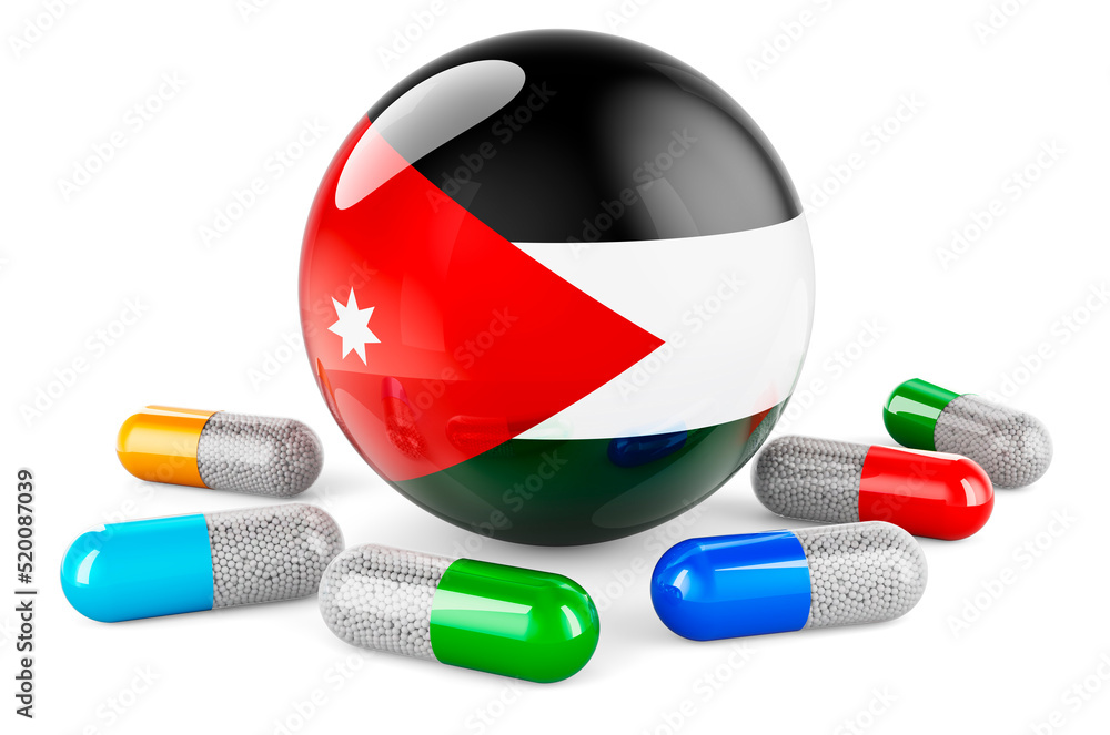 Poster pills capsule with jordanian flag. 3d rendering
