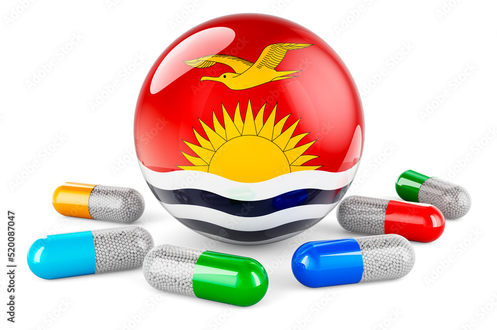Poster pills capsule with kiribatian flag. 3d rendering