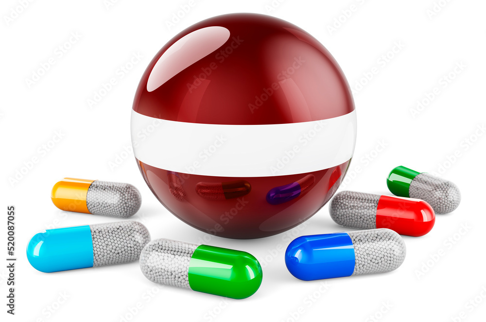 Poster pills capsule with latvian flag. 3d rendering