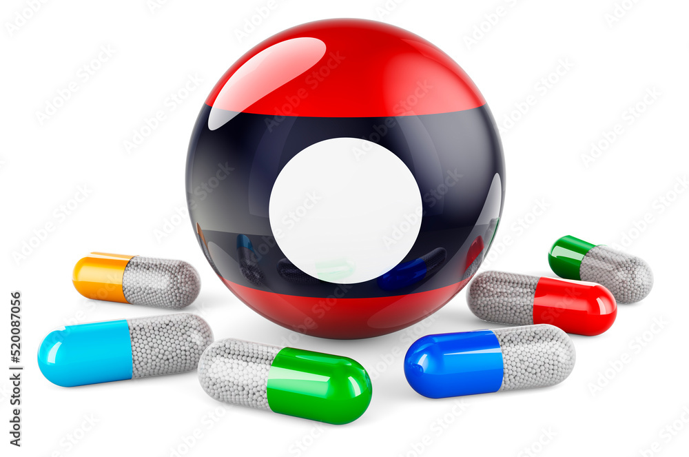 Poster pills capsule with laotian flag. 3d rendering