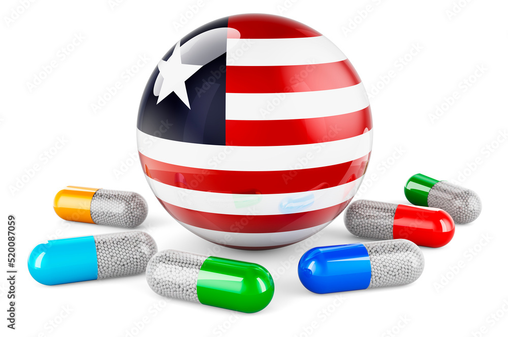 Poster pills capsule with liberian flag. 3d rendering