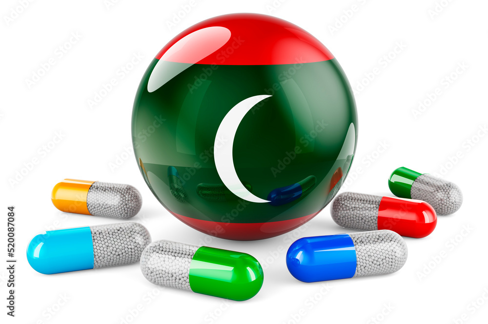 Poster pills capsules with maldivian flag. 3d rendering