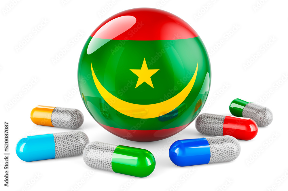 Poster pills capsules with mauritanian flag. 3d rendering