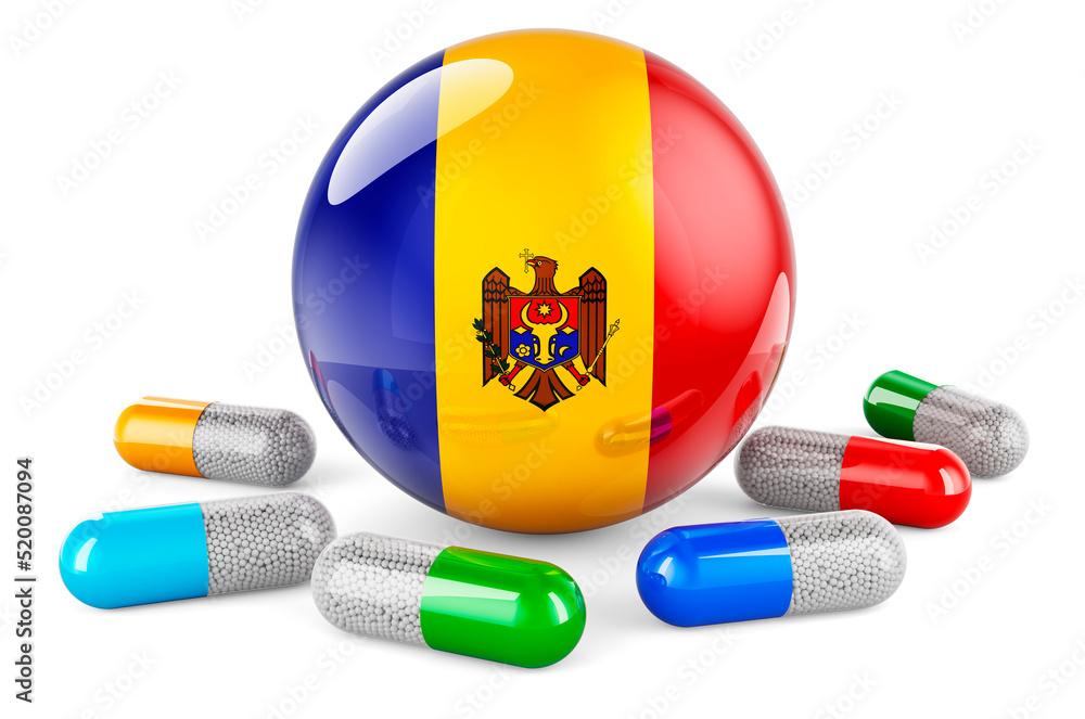 Poster pills capsules with moldovan flag. 3d rendering