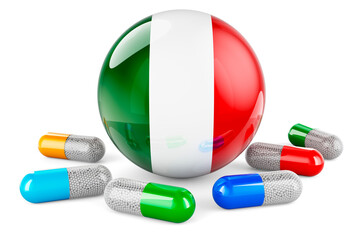 Pills capsule with Italian flag. 3D rendering