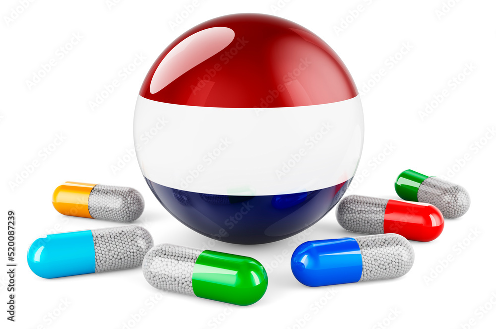 Poster pills capsules with the netherlands flag. 3d rendering