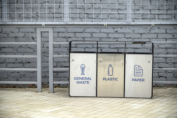 The three different container for sorting garbage. For plastic, paper, metal waste - obrazy, fototapety, plakaty