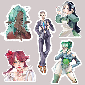 Set of people. Cute fashionable  girls and boy. Digital stickers illustration.