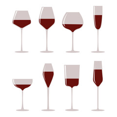 Red wine set. Glasses. Vector illustration with alcohol drinks concept. Isolated on white background