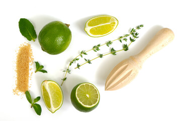 Mojito ingredients. Lime, mint and cane sugar isolated on white background. rosemary, thyme