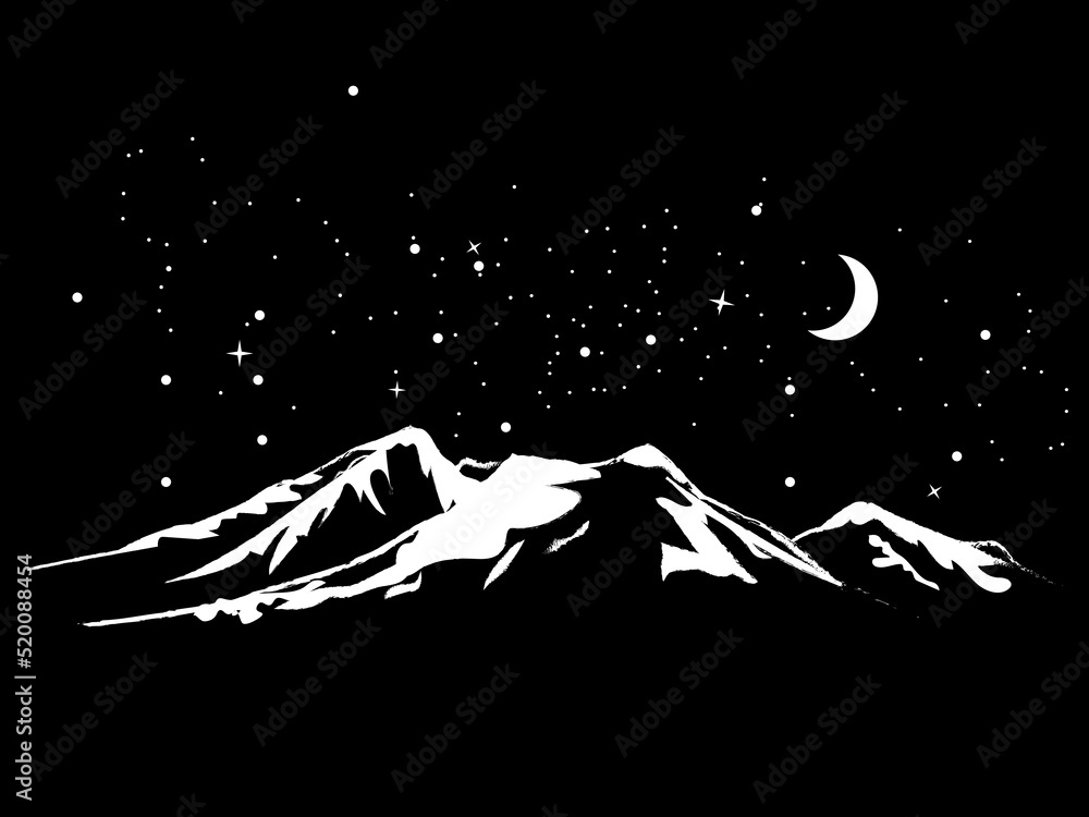 Wall mural mountain white silhouette on black background with stars and moon night hills illustration landscape