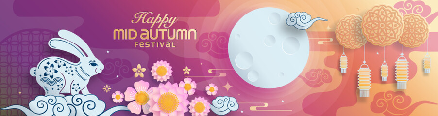 Mid autumn festival paper art style with full moon, moon cake, chinese lantern and rabbits on background. © Chef Kai Vector