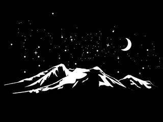 Mountain white silhouette on black background with stars and moon night hills illustration landscape design art