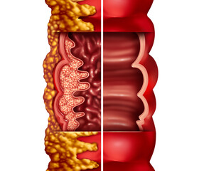 Crohn's Disease and Crohn syndrome illness or crohns illness and healthy colon as a medical concept with inflammation symptoms causing obstruction - obrazy, fototapety, plakaty