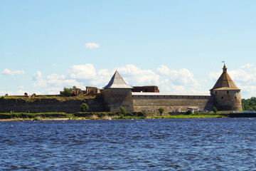 Fototapeta na wymiar Russia. Fortress Nut. Shlisselburg Fortress. Island in Lake Ladoga. Stone fort on Ladoga. Fortress near St. Petersburg. Russian vintage. 