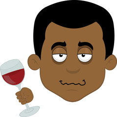 Vector illustration of the face of a drunk cartoon man with a glass of wine in his hand