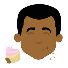 Vector illustration of a cartoon man face eating a cupcake or muffin