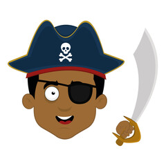 Vector illustration of the face of a cartoon pirate with a hat, eye patch and a sword in his hand
