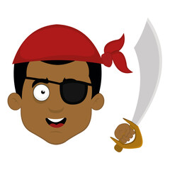 Vector illustration of the face of a cartoon pirate, with a headscarf, an eye patch and a sword in his hand