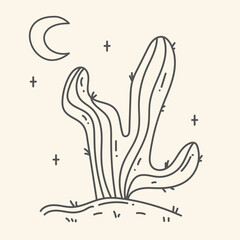 Hand drawn illustration of a cactus in the desert in boho style