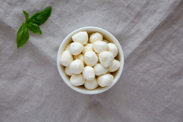 Homemade organic mozzarella cheese in a bowl, top view. Flat lay, overhead, from above.