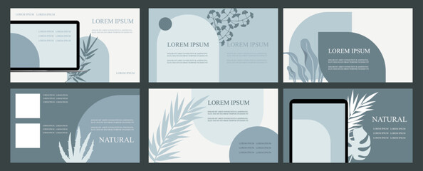 Set of abstract natural templates for presentation. Horizontal banners. Vector flat illustrations. EPS 10. Blue flat presentation design
