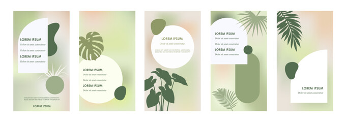 Set of modern summer templates for stories, banners, flyers, posters, web pages. Mobile background design in tropical style. vector illustration. Abstract shapes and spots.	