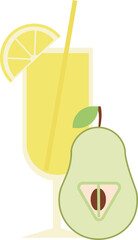 A glass of lemonade with a slice of lemon, pear and straw. summer drink. Refreshing drink. Isolated vector flat illustration.