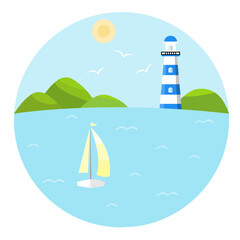 Naklejka premium Vector illustration with lighthouse, sea, ship and sky. Beautiful landscape with sailboat at sea. Summer season. Marine navigation in circle logo. Cartoon flat illustration